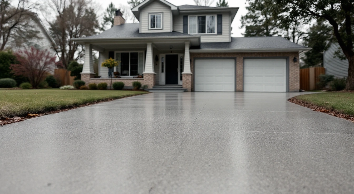 Plain concrete driveway beside a suburban home