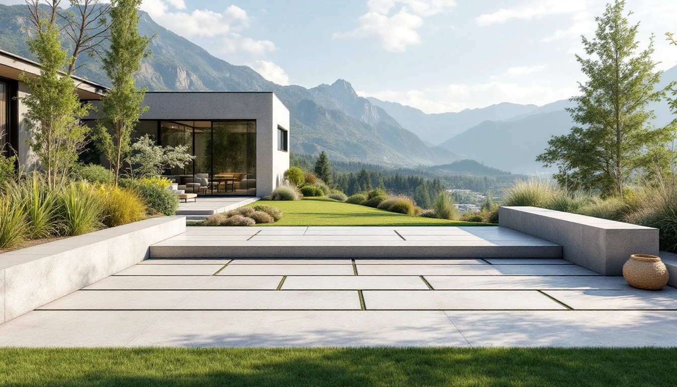 Jointed concrete terrace with steps beside a garden