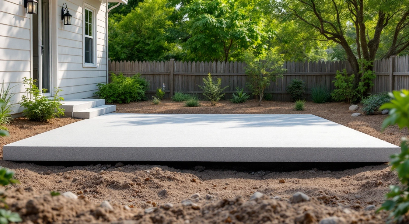 Illustrative rectangular slab in a backyard setting