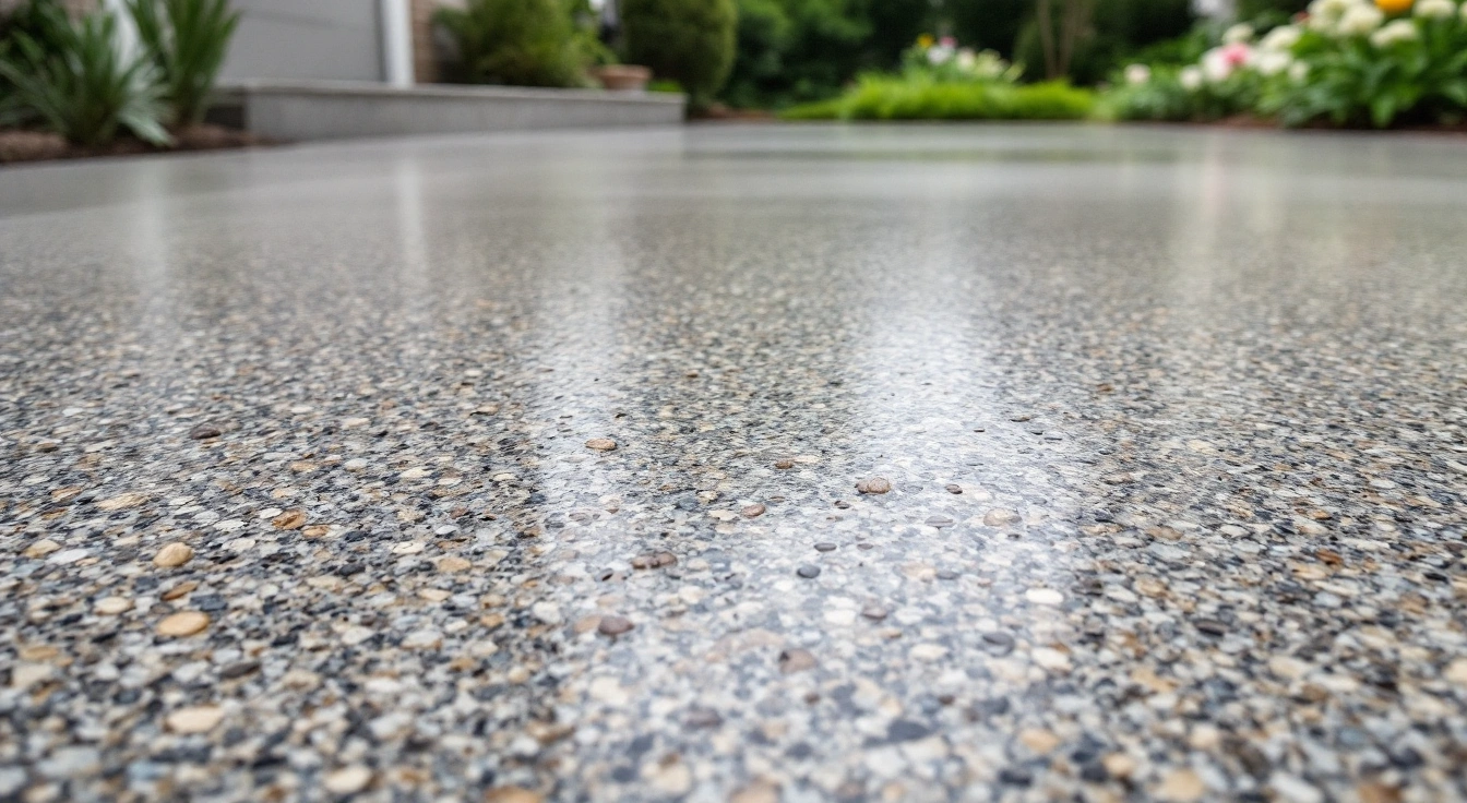 Close view of small aggregate stones in a residential surface
