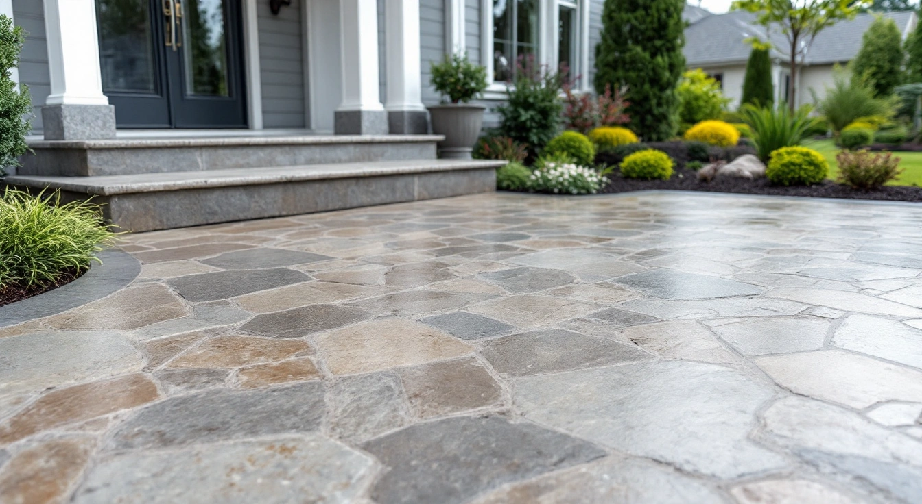 Stone-patterned paving beside a residential entrance